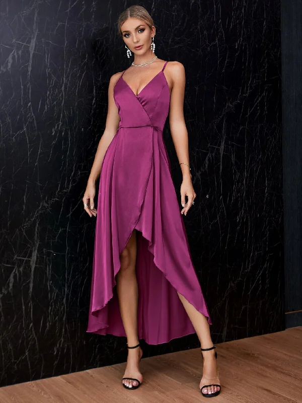 MegaBetty - Surplice Front Crisscross Back Satin Tulip Hem Dress