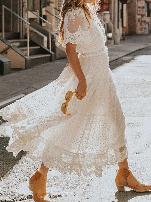 Dresses V-Neck Lace Short Sleeve Dress for Women