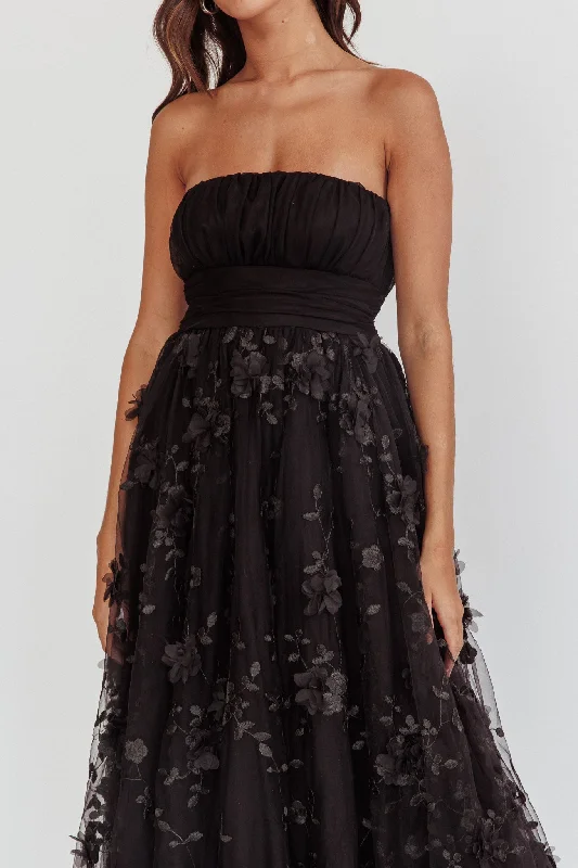 Fayette Strapless Mesh Midi Dress Embellished Black