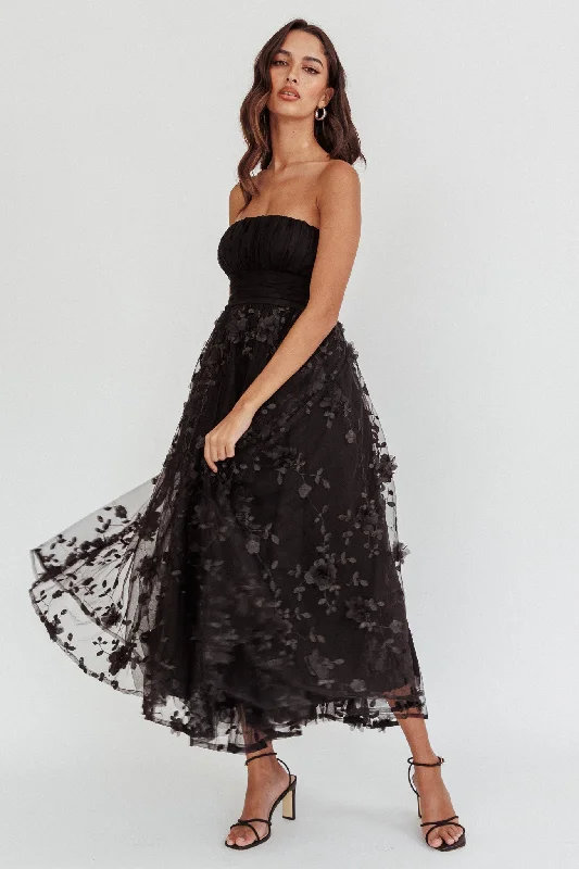 Fayette Strapless Mesh Midi Dress Embellished Black