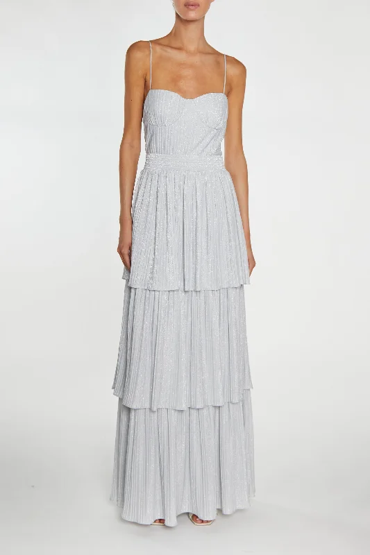 Jayda Silver Pleated Metallic Tiered Maxi Dress