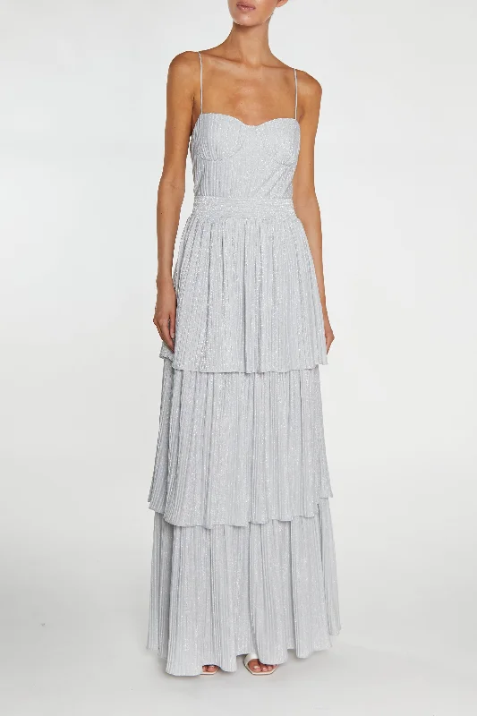 Jayda Silver Pleated Metallic Tiered Maxi Dress