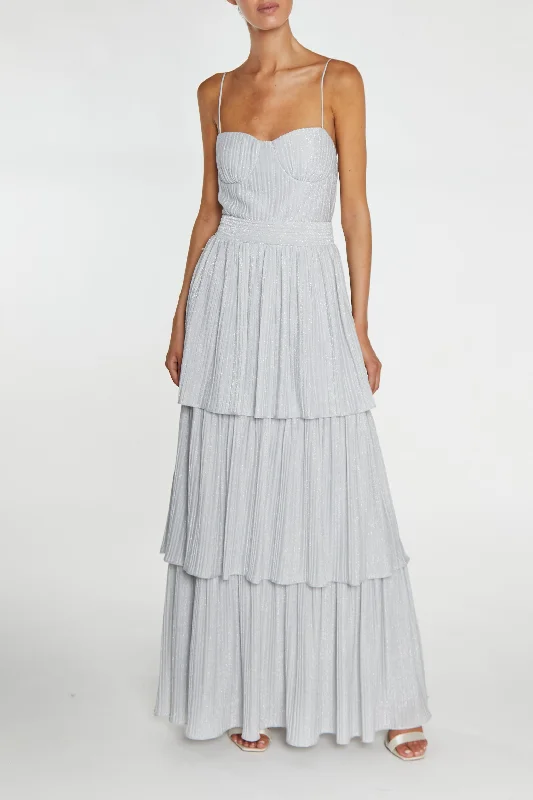 Jayda Silver Pleated Metallic Tiered Maxi Dress