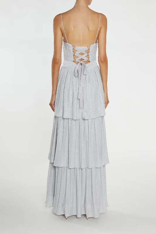 Jayda Silver Pleated Metallic Tiered Maxi Dress