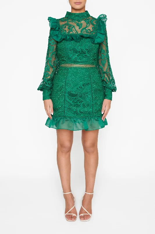 Lorene Emerald Green Lace Long-Sleeve Mini-Dress