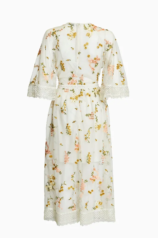 Eva Nude-Pink Embroidery Lace Trim Angel Sleeve Midi-Dress