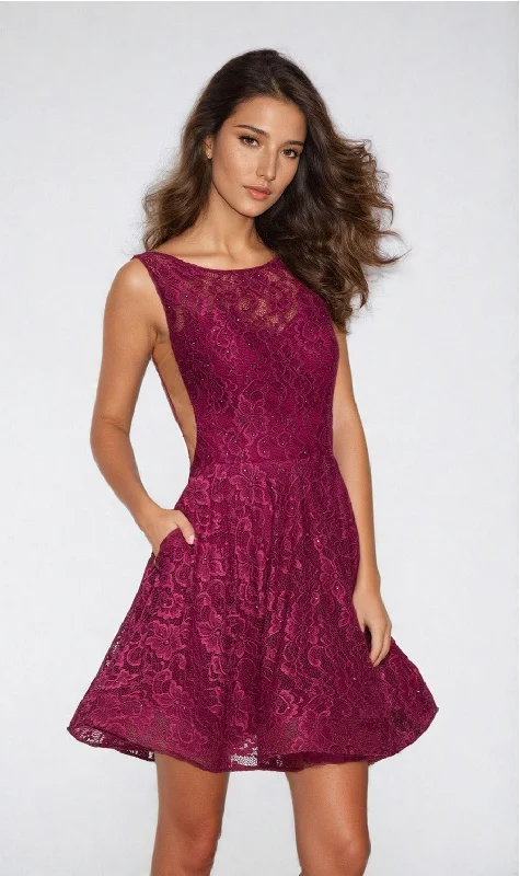 Short La Femme Lace Party Dress with Pockets