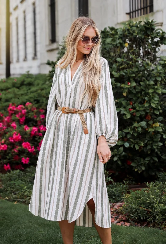 FINAL SALE - Poised Affection Light Olive Striped Midi Dress