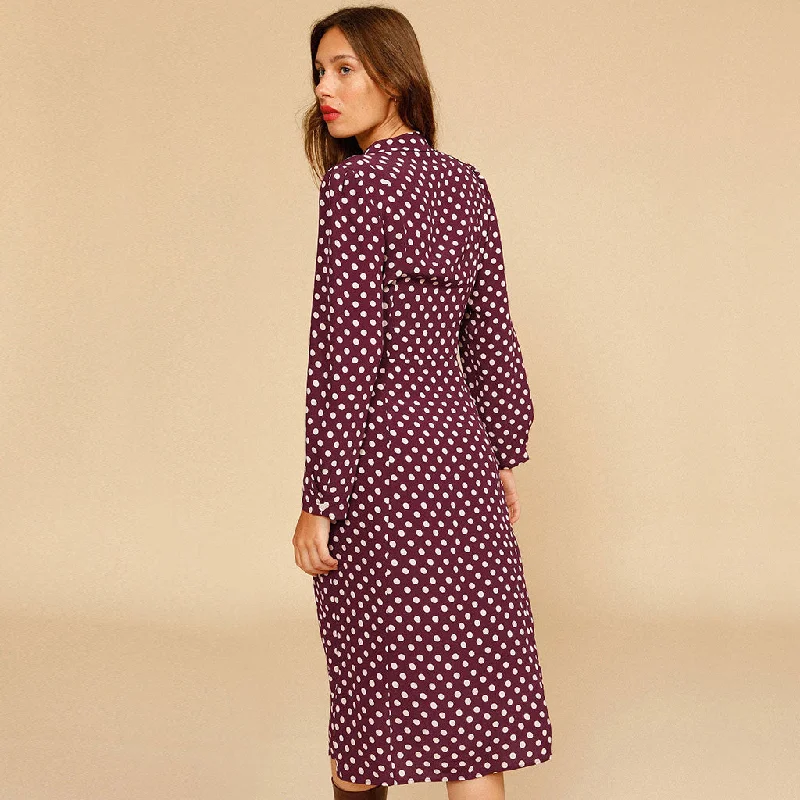 Polka Dot Long Sleeve Pearl Button V Neck Midi Dress - Burgundy