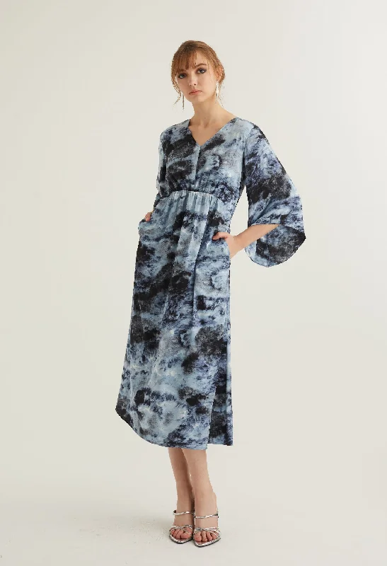 Watercolour Bell Sleeve Midi Dress