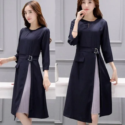 2021 autumn new seven-point sleeve dress autumn long section slim skirt temperament a word skirt women's tide