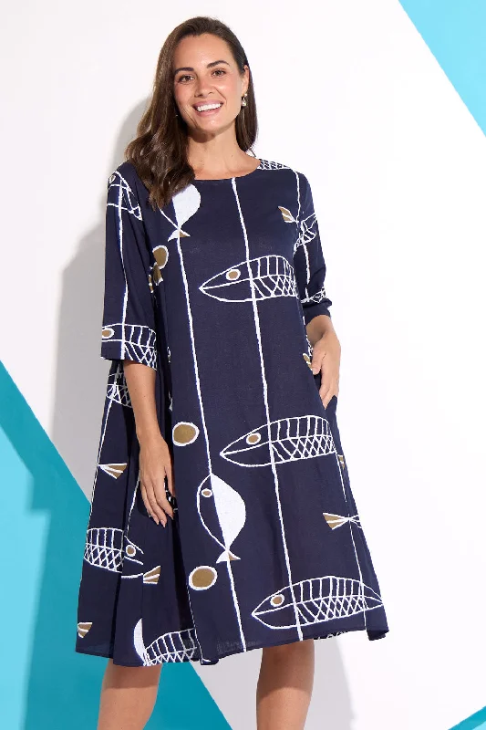 Amayah Sleeved Linen Dress - Navy Sea Life