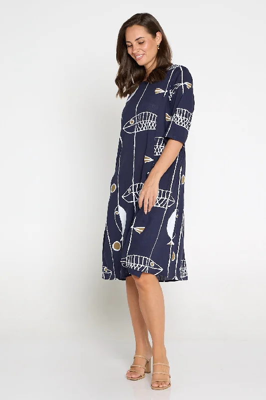 Amayah Sleeved Linen Dress - Navy Sea Life