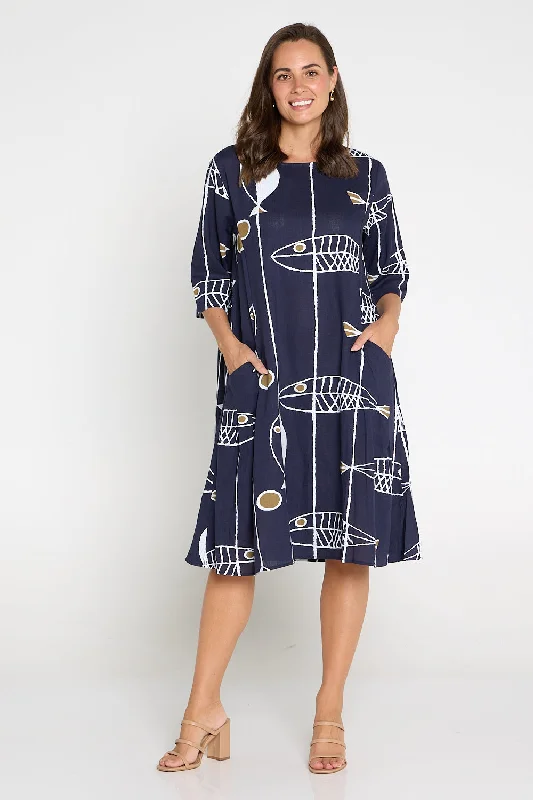 Amayah Sleeved Linen Dress - Navy Sea Life