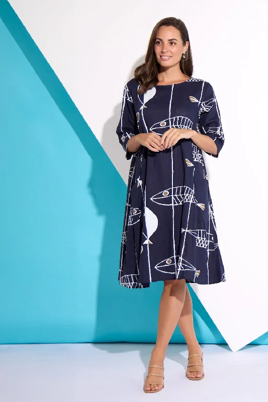 Amayah Sleeved Linen Dress - Navy Sea Life