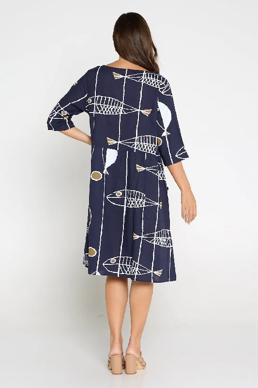 Amayah Sleeved Linen Dress - Navy Sea Life