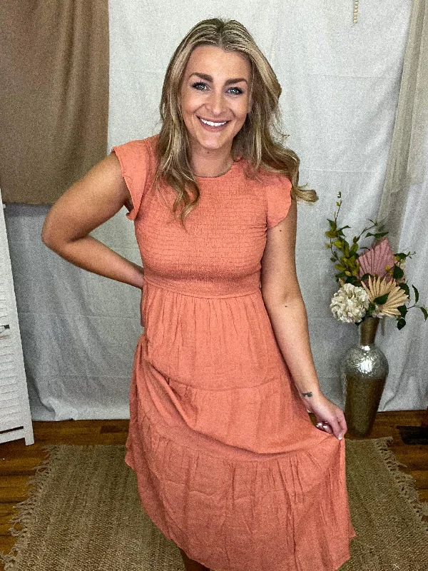 Apricot Flutter Sleeve Smocked Tiered Midi Dress