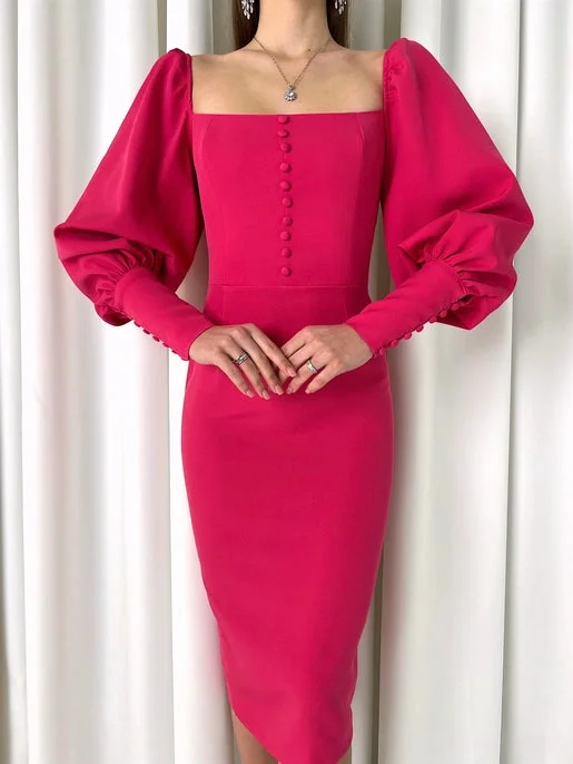 Balloon Sleeve Button Detailed Midi Pink Pencil Dress REF : 22Y000008