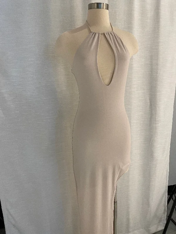 Beige Backless Halter Maxi