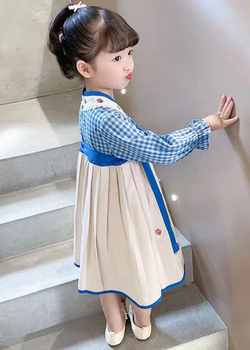 Blue Lace Up Patchwork Cotton Girls Dresses Wrinkled Fall XZ013