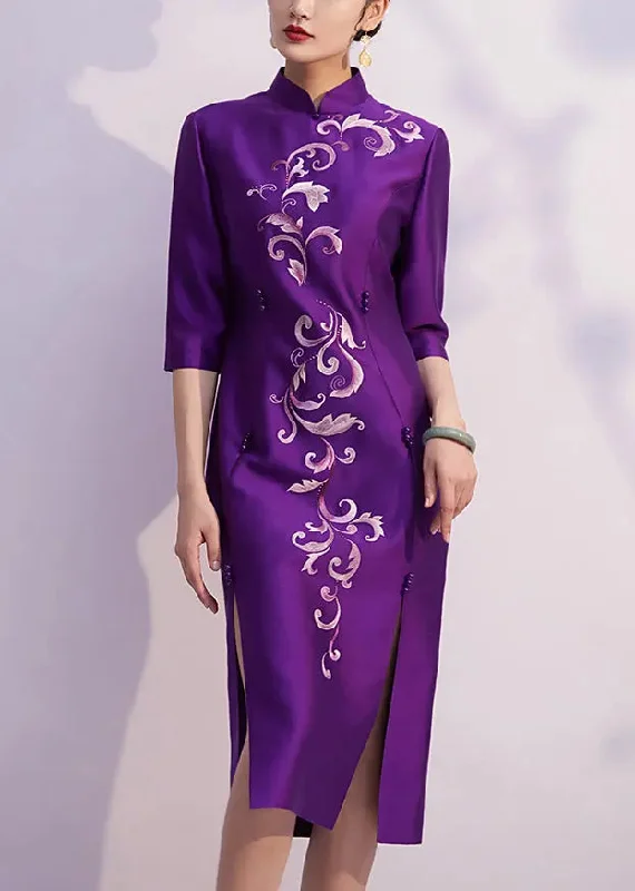 Chinese Style Side Open Silk Dresses Half Sleeve