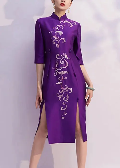 Chinese Style Side Open Silk Dresses Half Sleeve