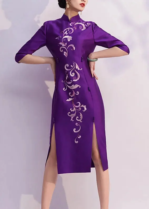 Chinese Style Side Open Silk Dresses Half Sleeve