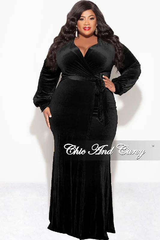 Final Sale Plus Size Faux Wrap Gown with Tie Belt in Black Velvet