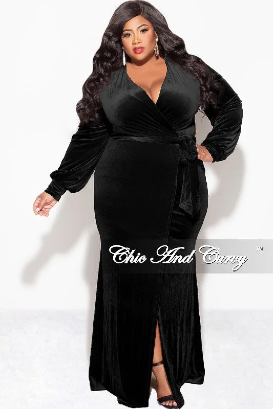 Final Sale Plus Size Faux Wrap Gown with Tie Belt in Black Velvet