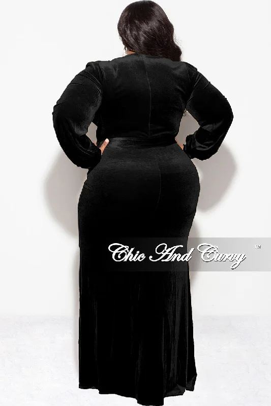 Final Sale Plus Size Faux Wrap Gown with Tie Belt in Black Velvet