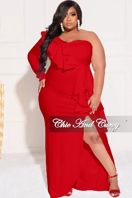 Final Sale Plus Size One Sided Ruffle Gown with Front Slit in Red