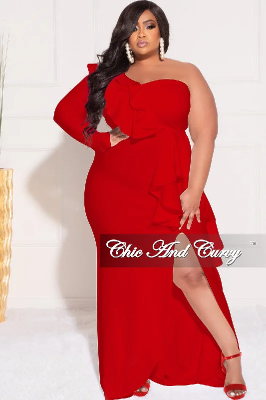 Final Sale Plus Size One Sided Ruffle Gown with Front Slit in Red