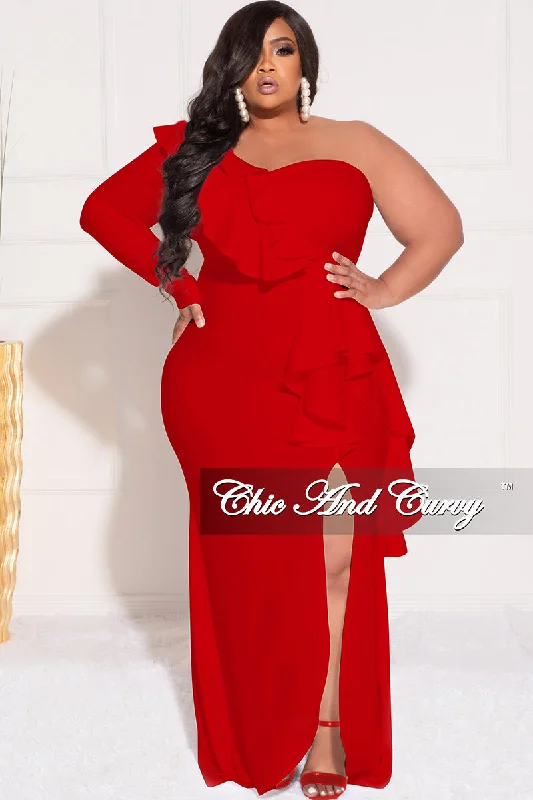 Final Sale Plus Size One Sided Ruffle Gown with Front Slit in Red