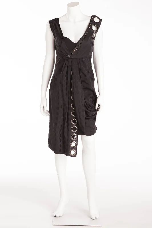 Givenchy - Black Sleeveless Draped Dress with Black Polka Dots and Metal Embellishments - FR 36