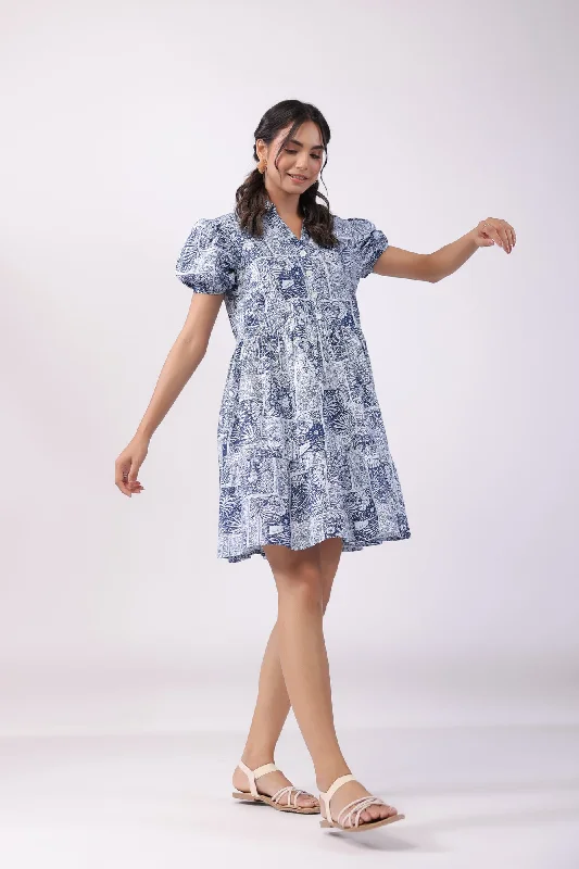 Leafy Shore Blue Cotton Dress