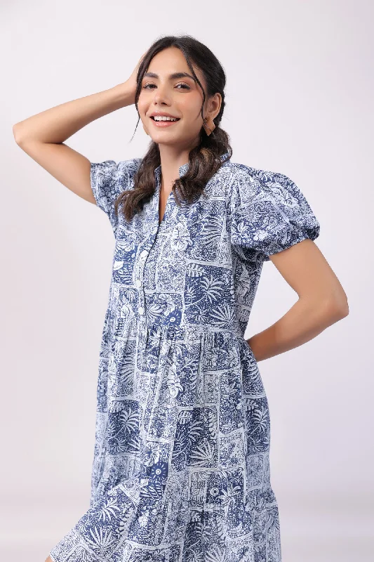 Leafy Shore Blue Cotton Dress