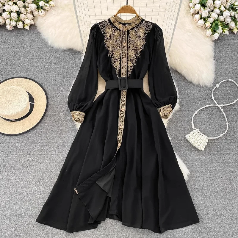 long-sleeved round neck A-line dress elegant long skirt     S3972