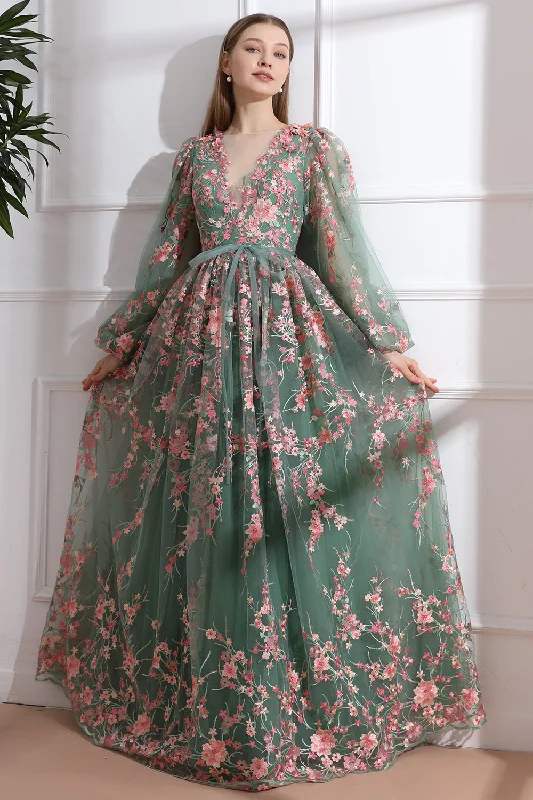 Long Sleeves O Neck Pink Floral Embroidery Sage Tulle Dress