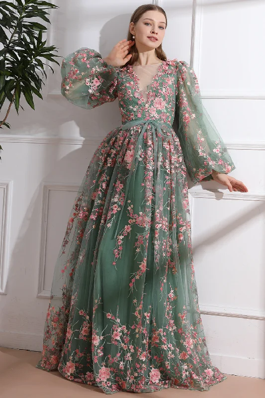 Long Sleeves O Neck Pink Floral Embroidery Sage Tulle Dress