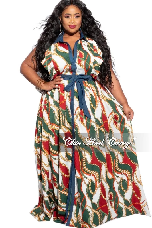 Final Sale Plus Size Tie Maxi Dress in Wine & Green Chain Print/Denim