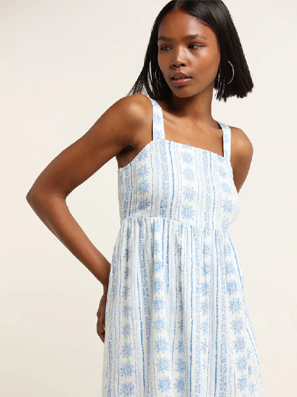 Nuon White & Blue Printed Blended Linen Skater Dress