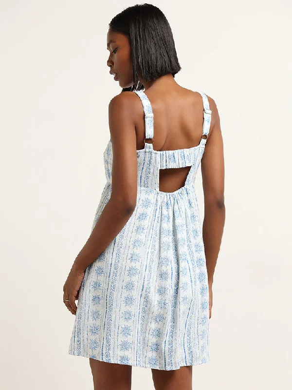 Nuon White & Blue Printed Blended Linen Skater Dress