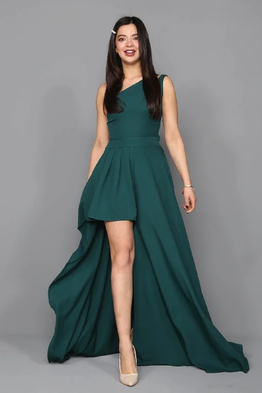 One Shoulder Detailed Design Evening Dress - EMERALD GREEN REF : b888_S