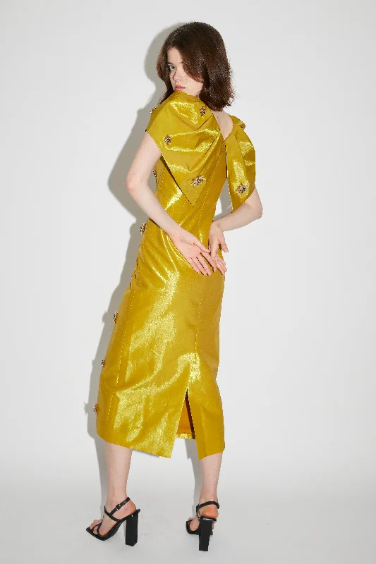 ROSELLA DRESS GOLD EMBELLISHED METALLIC TAFFETA