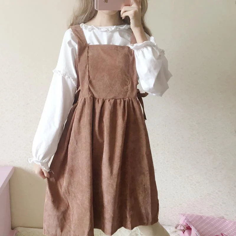 Side Bowknot Corduroy Overall Dress&Lace Shirt