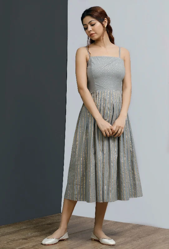 Strappy Grey Block Printed Pleated Dress