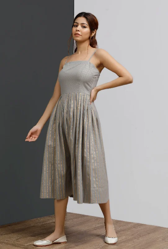 Strappy Grey Block Printed Pleated Dress