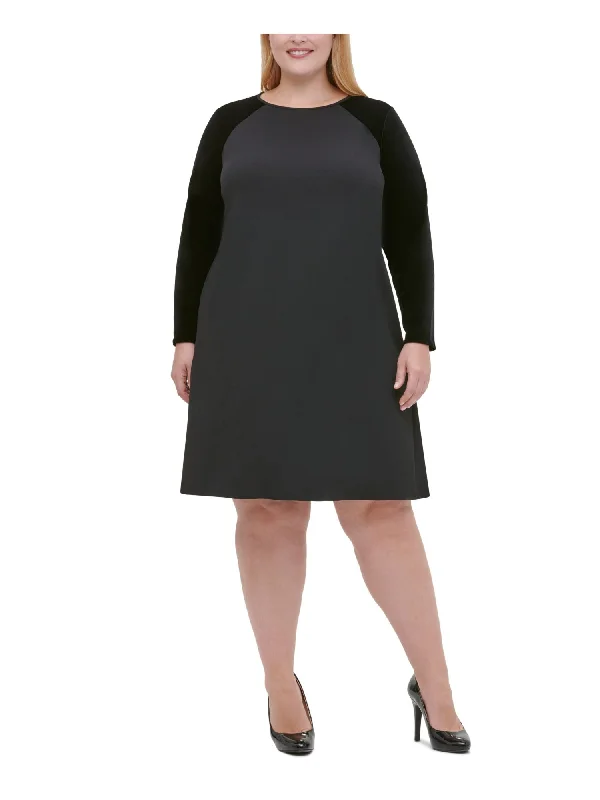 Tommy Hilfiger Women's Long Sleeve Jewel Neck Above the Knee Shift Dress Black Size 14W