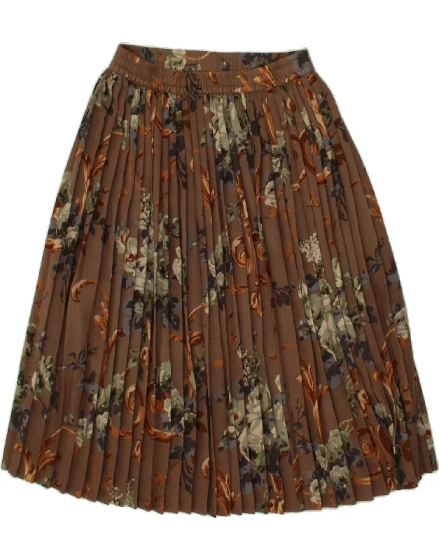 VINTAGE Womens Knife Pleated Skirt UK 12 Medium W30 Brown Floral Wool