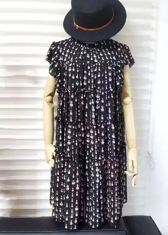 Women Black O-Neck Ruffled Patchwork Dot Print Long Dress Short Sleeve VB1055